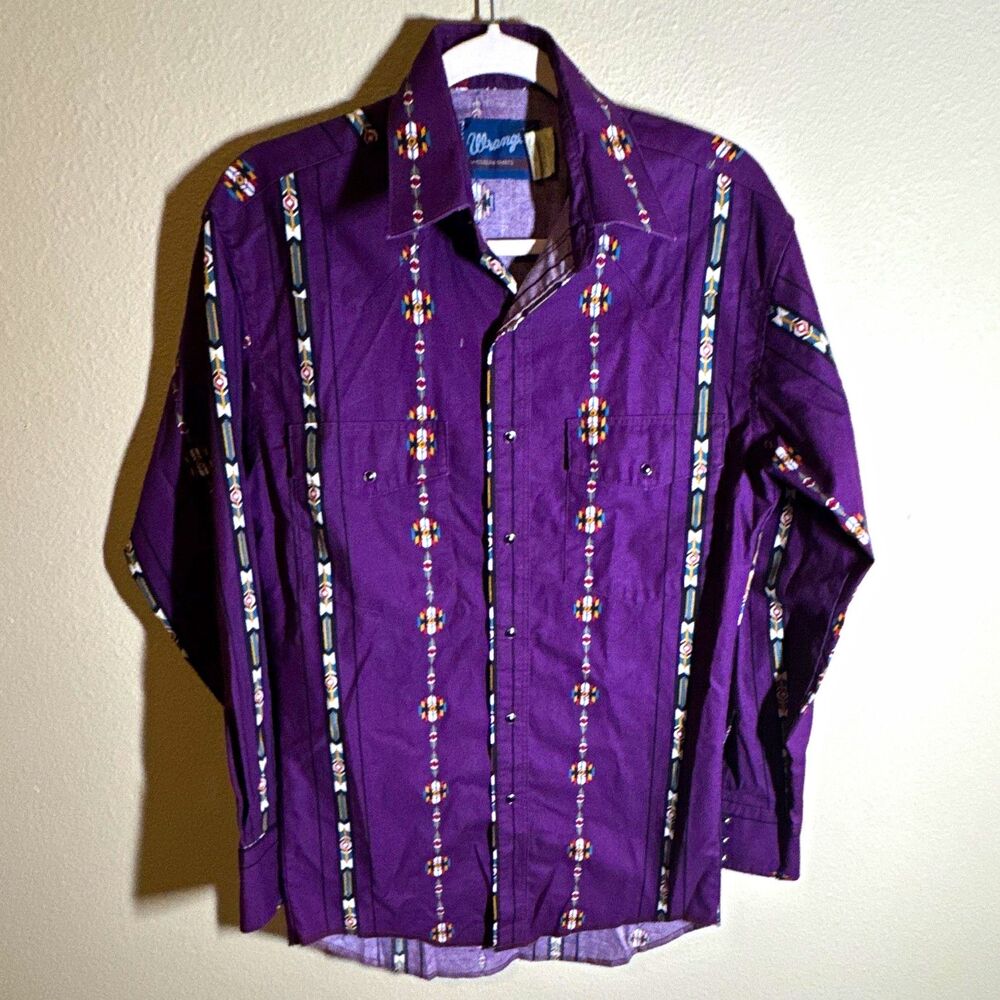 Wrangler Men’s Western Shirt Size L Purple Geometric Woven Cotton Long Sleeve